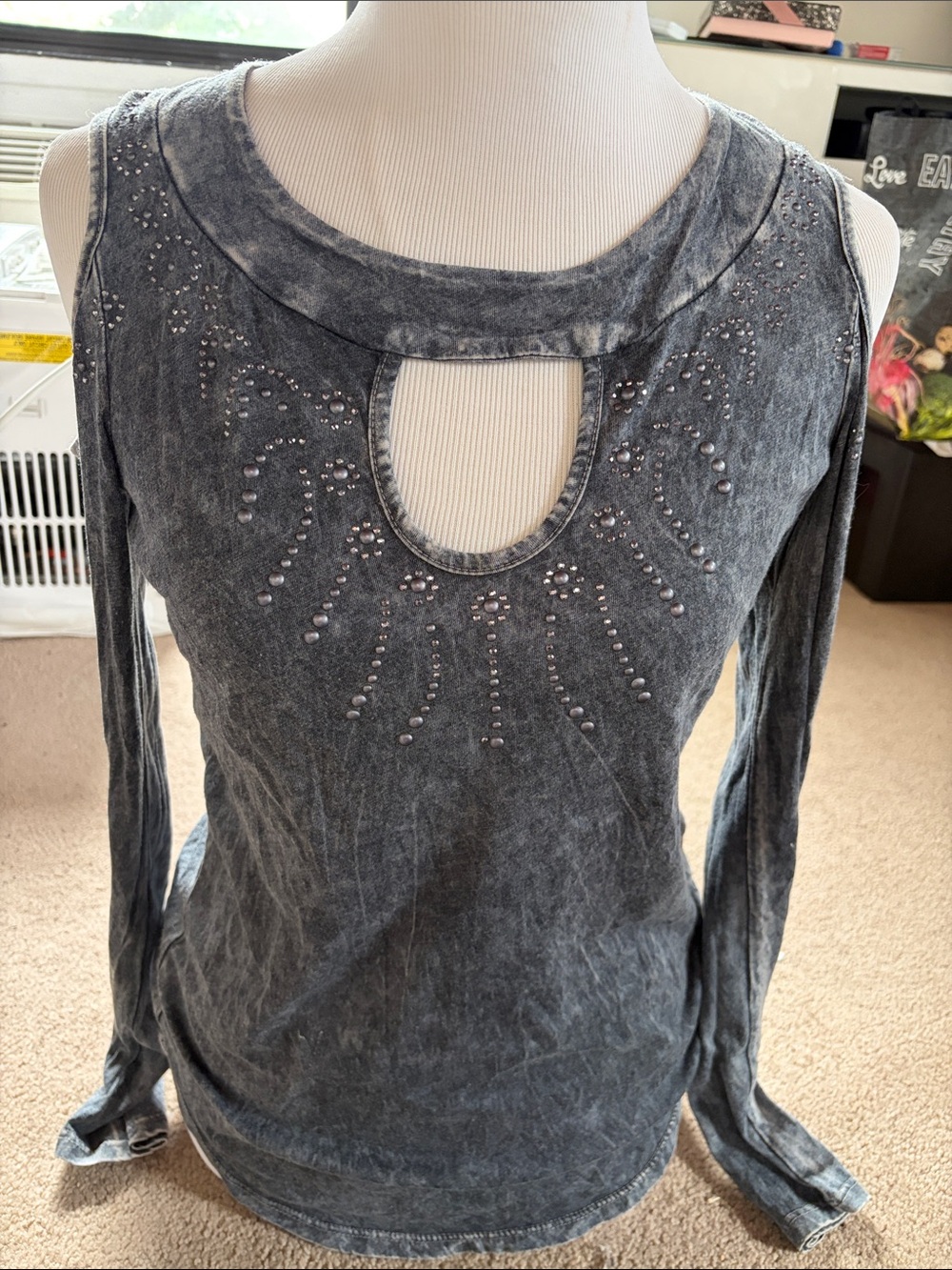 Women's Washed Black/Gray Cold-Shoulder Top with Stud Detail